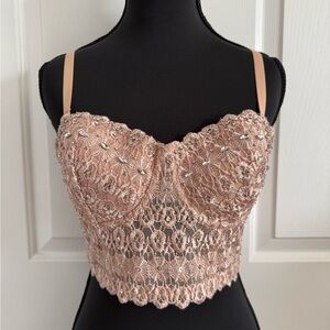Rhinestone embellished crop top cream blush corset bustier rave festival tank